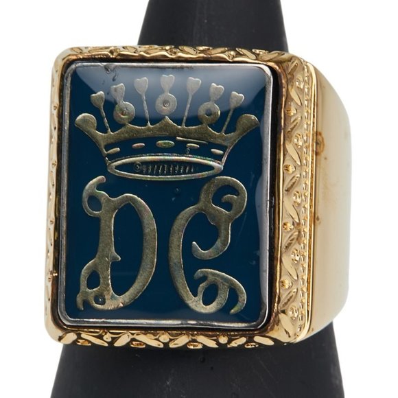 Dolce & Gabbana DC logo crown motif ring in gold and blue plated for men.